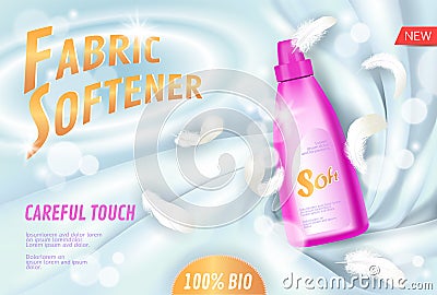 Realistic laundry detergent fabric softener. Tube container ad poster light background silk soft fabric white feather Vector Illustration
