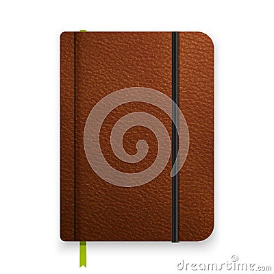 Realistic leather brown notebook with black elastic band. Top view diary template. Vector notepad mockup. Closed diary with green Stock Photo