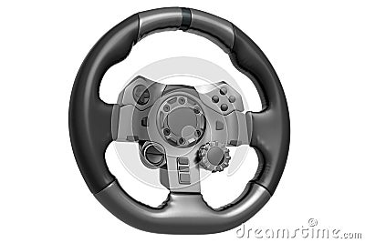 Realistic steering wheel with metallic chrome texture on white background Stock Photo