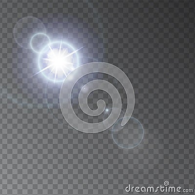 Realistic Lens flare light effect on transperent background. Glowing sunlight effect flash with rays and spotlight Vector Illustration