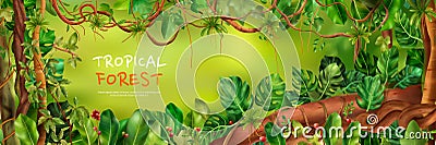 Realistic liana jungle horizontal poster with editable text and frame with exotic trees leaves and flowers illustration Vector Illustration