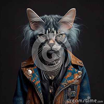 Realistic lifelike cat kitten in punk rock rockstar leather outfits, surreal surrealism, Generative AI Stock Photo