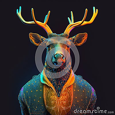 Realistic lifelike elk in disco neon glitter bright outfits, surreal surrealism, Generative AI Stock Photo