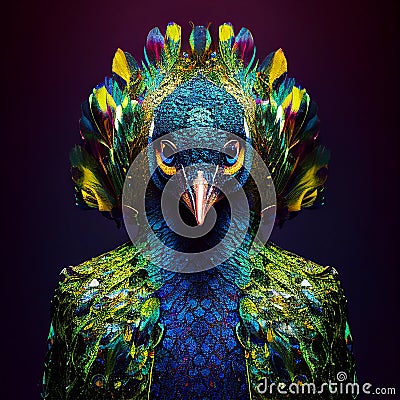Realistic lifelike peacock bird in disco neon glitter bright outfits, surreal surrealism, Generative AI Stock Photo