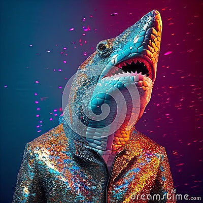 Realistic lifelike shark in disco neon glitter bright outfits, surreal surrealism, Generative AI Stock Photo