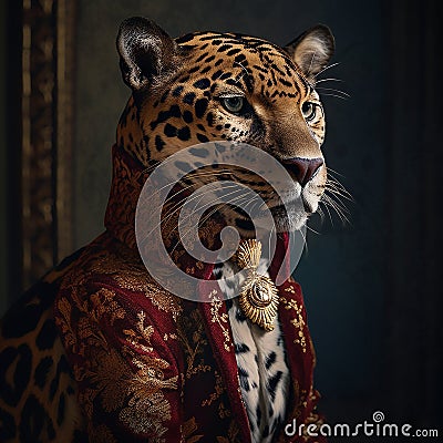 Realistic lifelike tiger in renaissance regal medieval noble royal outfits. 18th-century historical. generative ai Stock Photo