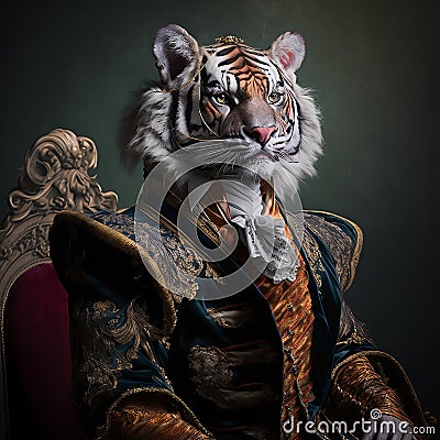 Realistic lifelike tiger in renaissance regal medieval noble royal outfits. 18th-century historical. Generative AI Stock Photo