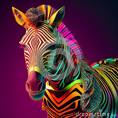 Realistic lifelike zebra in disco neon glitter bright outfits, Generative AI Stock Photo