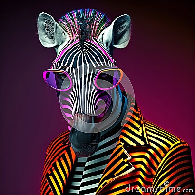 Realistic lifelike zebra in fluorescent electric highlighters ultra-bright neon outfits. 80s Era comeback. generative ai Stock Photo