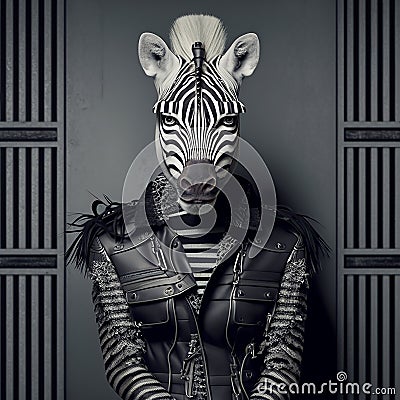 Realistic lifelike zebra in punk rock rockstar leather outfits, surreal surrealism, Generative AI Stock Photo