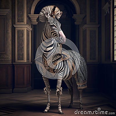 Realistic lifelike zebra in renaissance regal medieval noble royal outfits. 18th-century historical. Generative AI Stock Photo