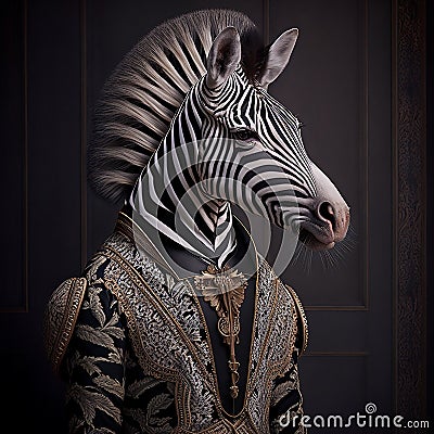 Realistic lifelike zebra in renaissance regal medieval noble royal outfits,. 18th-century historical. Generative AI Stock Photo