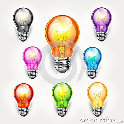 Realistic light bulb color set. Vector Illustration