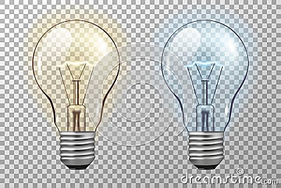 Realistic light bulb. Glowing yellow and blue filament lamps. Vector 3D light bulbs set on transparent background Vector Illustration