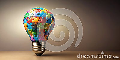 Realistic light bulb made of colorful puzzle pieces on soft solid colored background Generative AI Stock Photo