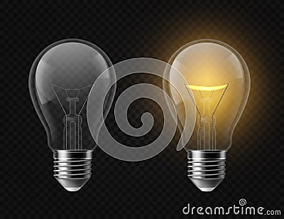 Realistic light bulb. Turned off and glowing isolated lamps. Creative idea and innovation lightbulb vector 3d business Vector Illustration