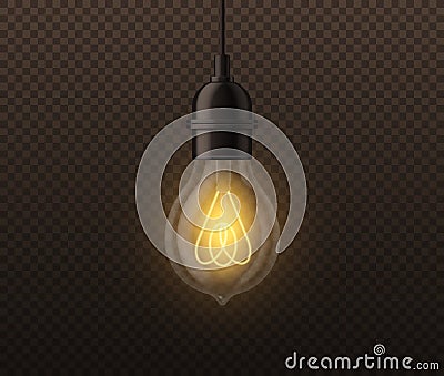 Realistic light bulb. Vintage edison glowing lamp, incandescent illumination, electrical equipment, inspiration and Vector Illustration