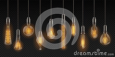 Realistic light bulbs. Vintage lamps hanging on wires, decoration glowing retro objects. Vector incandescent filament Vector Illustration