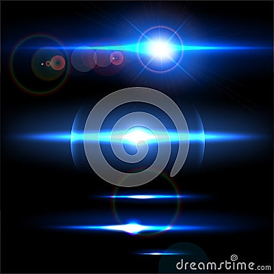 Realistic light glare sparkle, highlight set. Collection of beautiful bright lens flares. Lighting effects of flash. Vector Illustration