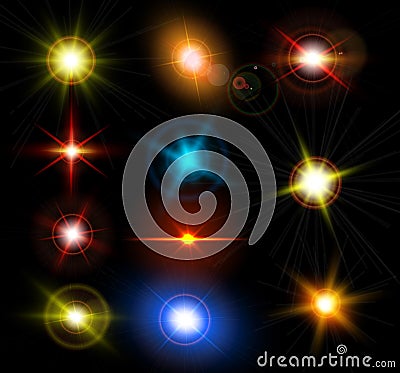 Realistic light glare sparkle, highlight set. Collection of beautiful bright lens flares. Vector Illustration