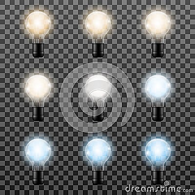 Realistic lightbulb different color temperature isolated on transparent background, vector Vector Illustration