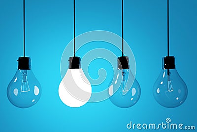 Realistic lightbulbs on blue background in 3D rendering Stock Photo