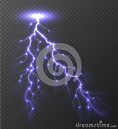 Realistic lightning bolt isolated on transparent background. Vector Illustration