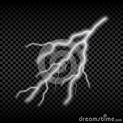 Realistic lightning. Bright electric light, thunderstorm glowing effect. Vector. Vector Illustration