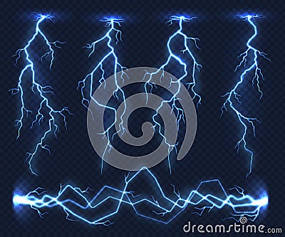 Realistic lightnings. Electricity thunder light storm flash thunderstorm in cloud. Nature power energy charge, thunder Vector Illustration