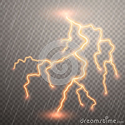 Realistic lightnings with transparency for design. Thunder-storm and lightnings. Magic and bright lighting effects. Vector Vector Illustration