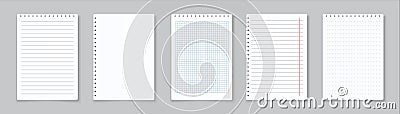 Realistic lined notepapers. Blank gridded notebook papers for homework and exercises. Vector paper sheets with lines and Vector Illustration