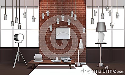 Realistic Loft Interior With Hanging Lamps Vector Illustration