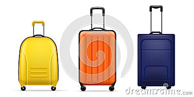 Realistic luggage bags. Modern travel plastic bags different forms and sizes, shockproof bright flight suitcases on Vector Illustration