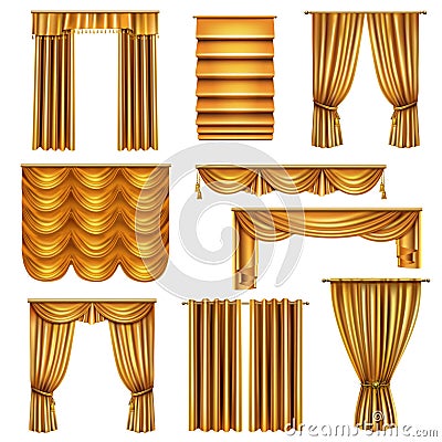 Realistic Luxury Gold Curtains Set Vector Illustration