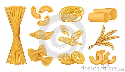 Realistic macaroni. Italian dry wheat food, different types of pasta noodles farfalle fusilli penne. Vector 3D isolated Vector Illustration