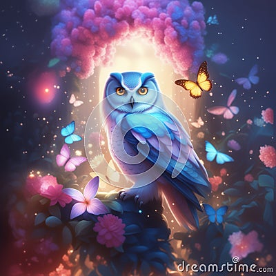 Realistic magical owl sits on a branch against a forest backdrop, bright lights and flying butterflies. Stock Photo