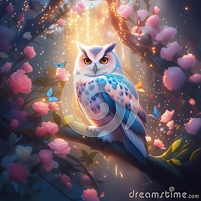 Realistic magical owl sits on a branch against a forest backdrop, bright lights and flying butterflies. Stock Photo