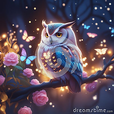 Realistic magical owl sits on a branch against a forest backdrop, bright lights and flying butterflies. Stock Photo