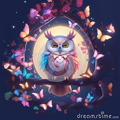 Realistic magical owl sits on a branch against a forest backdrop, bright lights and flying butterflies. Stock Photo