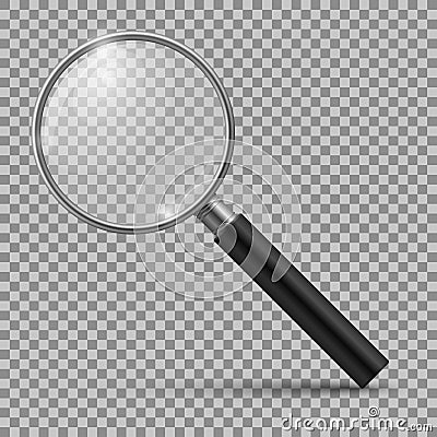 Realistic magnifying glass. Magnification zoom loupe, scrutiny microscope magnify lens. Detective tool isolated mockup Vector Illustration