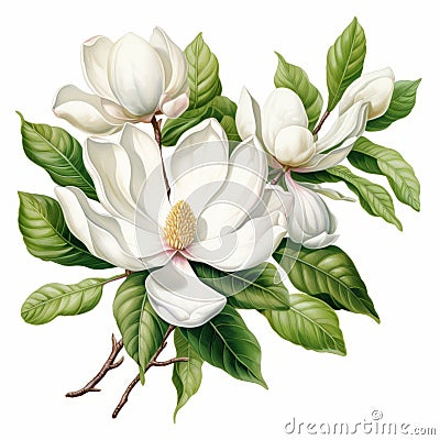 Realistic Magnolia Flower Branch Clip Art With Green Leaves Cartoon Illustration