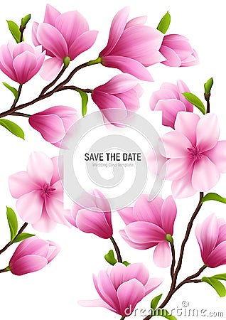 Realistic Magnolia Flower Frame Vector Illustration