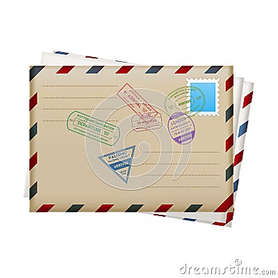 Realistic Mail Envelopes with Stamps Travel. Vector Vector Illustration