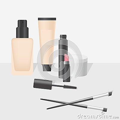 Realistic makeup and cosmetics products and tools. Lipstic, brushes, mascara, powder and mascara. Stock Photo