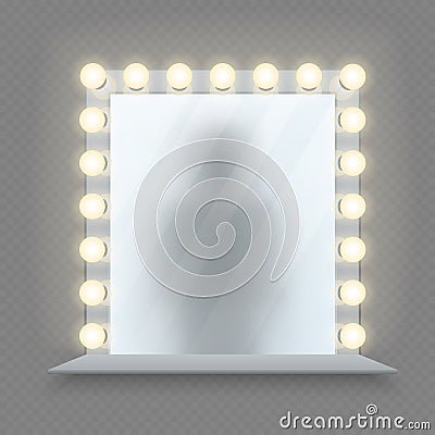 Realistic makeup mirror. Glass in bulbs frame with table. Shadow reflection, equipment for dressing room vector Vector Illustration