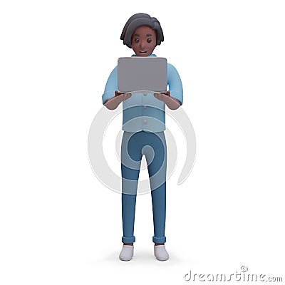Realistic male character happily looking at laptop screen. Surprised Internet user Vector Illustration