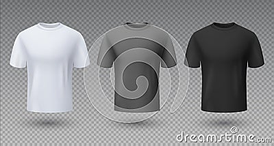 Realistic male shirt. White black and gray t-shirt 3D mockup, blank template, sport clean unisex clothing Vector Illustration