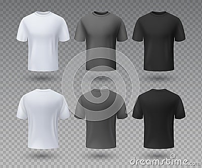 Realistic male t-shirt. White and black mockup, front and back view 3D isolated design template. Vector sport wear and Vector Illustration