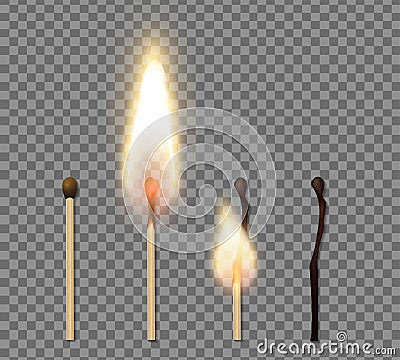 Realistic Match Stick Flame Icon Set Vector Illustration