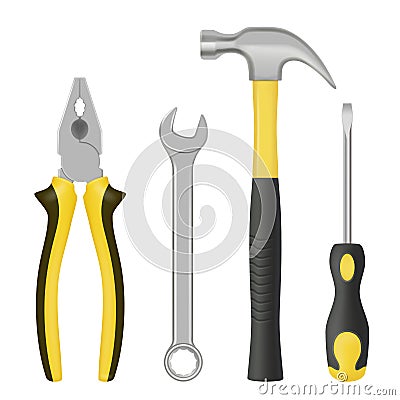 Realistic mechanic tools. Garage metal crafted items for handyman workers steel objects hammer keys screws bolts nuts Vector Illustration